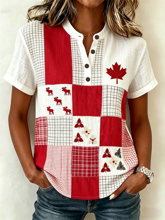 Women's  Maple Leaf Checkered Print Casual Shirt