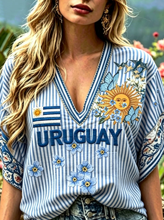 Women's Uruguay 2026 Embroidered Cotton Linen Shirt