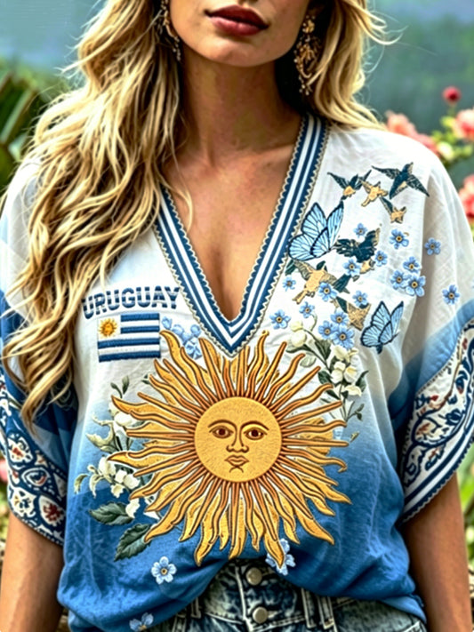 Women's Uruguay 2026 Embroidered Cotton Linen Shirt