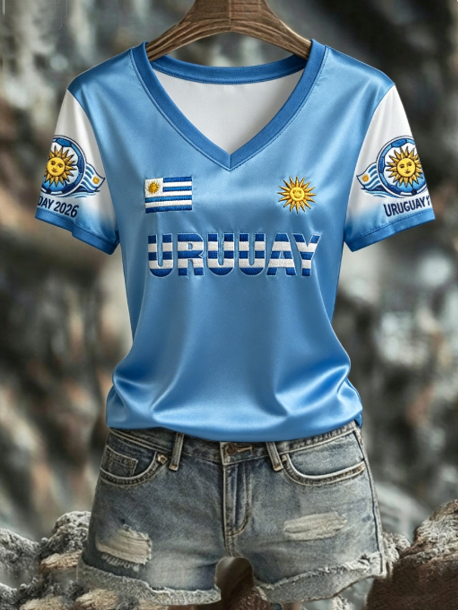 Women's URUGUAY 2026 Football V-Neck Short-Sleeve Silk T-Shirt