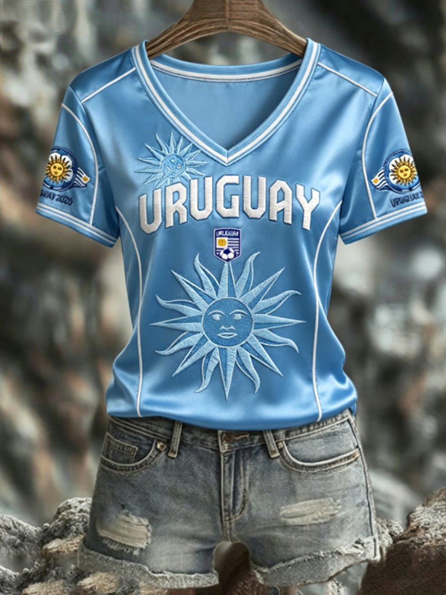 Women's URUGUAY 2026 Football V-Neck Short-Sleeve Silk T-Shirt