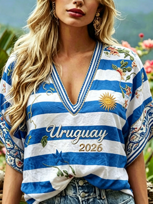 Women's Uruguay 2026  Embroidered Cotton Linen Shirt