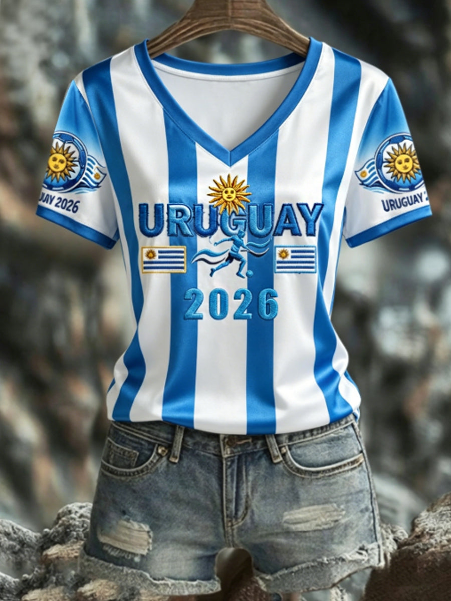 Women's URUGUAY 2026 Football V-Neck Short-Sleeve Silk T-Shirt