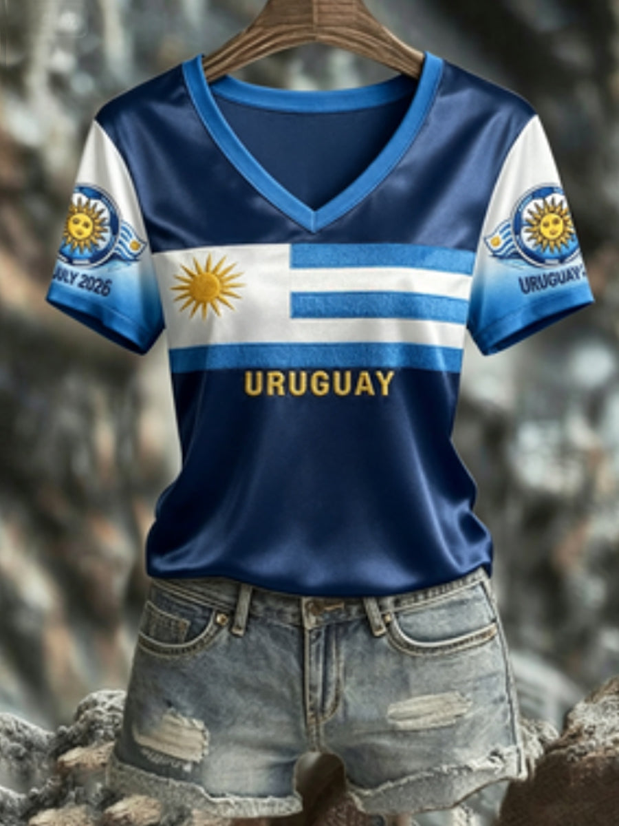 Women's URUGUAY 2026 Football V-Neck Short-Sleeve Silk T-Shirt
