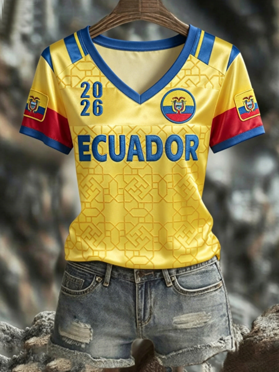 Women's ECUADOR 2026 Football V-Neck Short-Sleeve Silk T-Shirt