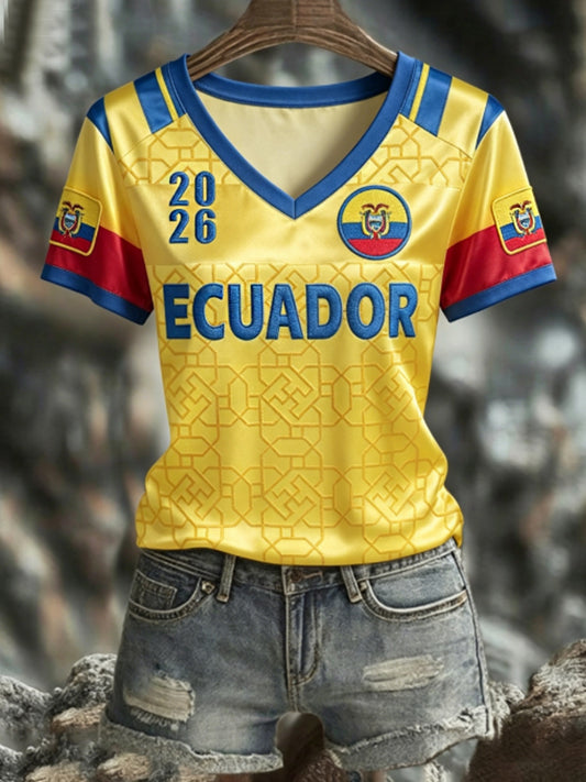 Women's ECUADOR 2026 Football V-Neck Short-Sleeve Silk T-Shirt