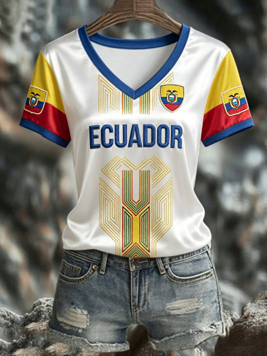 Women's ECUADOR 2026 Football V-Neck Short-Sleeve Silk T-Shirt