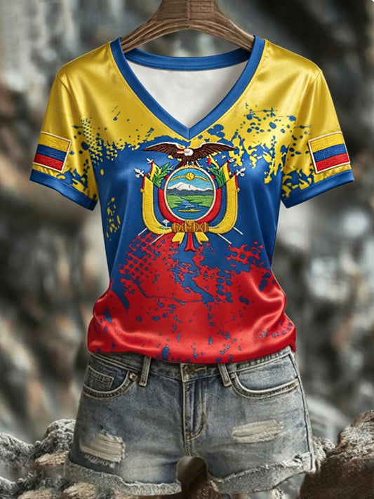 Women's ECUADOR 2026 Football V-Neck Short-Sleeve Silk T-Shirt