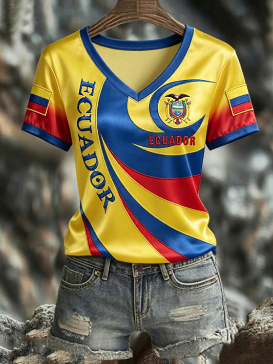 Women's ECUADOR 2026 Football V-Neck Short-Sleeve Silk T-Shirt