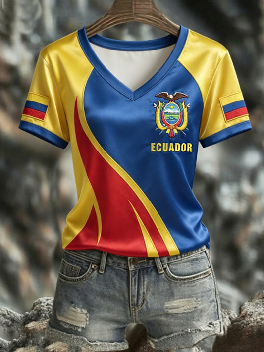 Women's ECUADOR 2026 Football V-Neck Short-Sleeve Silk T-Shirt