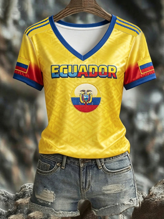 Women's ECUADOR 2026 Football V-Neck Short-Sleeve Silk T-Shirt