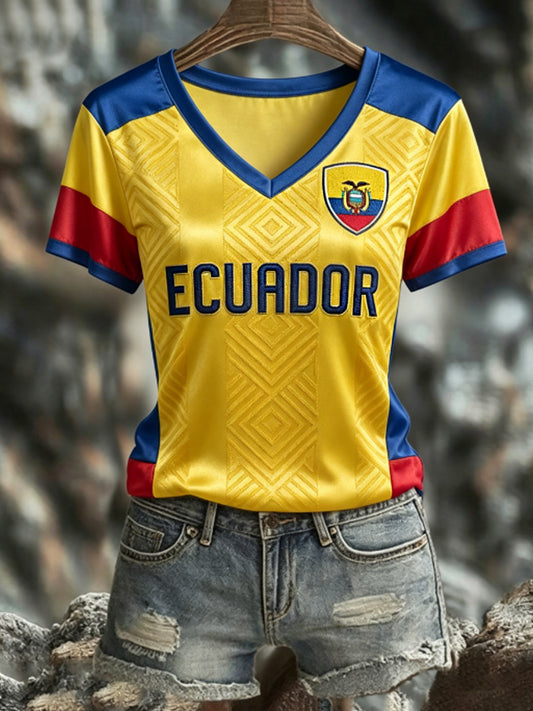 Women's ECUADOR 2026 Football V-Neck Short-Sleeve Silk T-Shirt