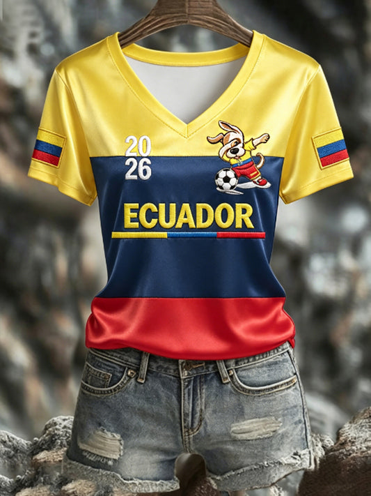 Women's ECUADOR 2026 Football V-Neck Short-Sleeve Silk T-Shirt