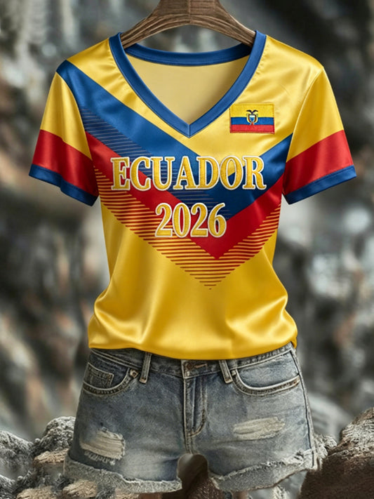 Women's ECUADOR 2026 Football V-Neck Short-Sleeve Silk T-Shirt