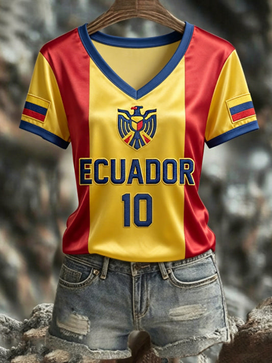 Women's ECUADOR 2026 Football V-Neck Short-Sleeve Silk T-Shirt