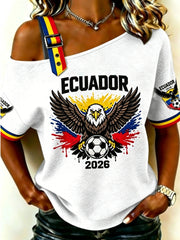 Women's ECUADOR 2026 Football Off-the-Shoulder Short-Sleeve T-Shirt