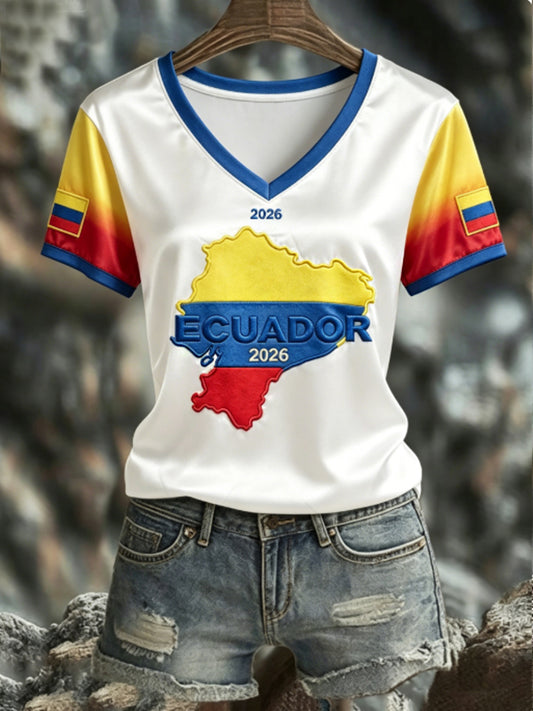 Women's ECUADOR 2026 Football V-Neck Short-Sleeve Silk T-Shirt