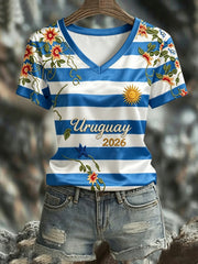 Women's URUGUAY 2026 Football V-Neck Short-Sleeve Silk T-Shirt