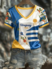 Women's URUGUAY 2026 Football V-Neck Short-Sleeve Silk T-Shirt