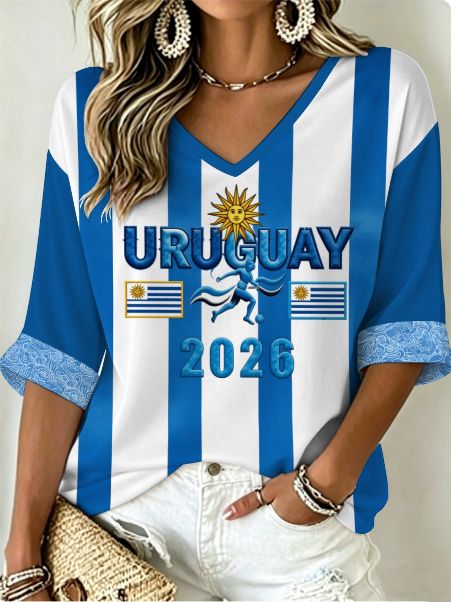 Women's URUGUAY 2026 Football Mid-length Sleeves V-Neck T-Shirt