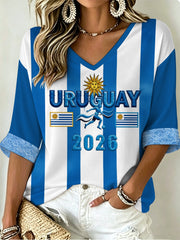 Women's URUGUAY 2026 Football Mid-length Sleeves V-Neck T-Shirt