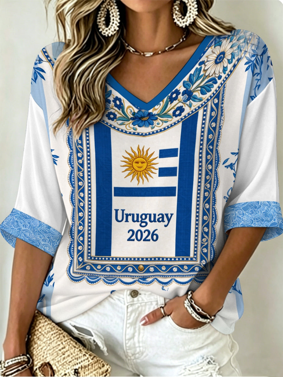 Women's URUGUAY 2026 Football Mid-length Sleeves V-Neck T-Shirt