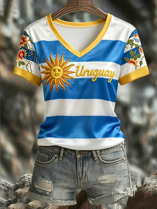 Women's URUGUAY 2026 Football V-Neck Short-Sleeve Silk T-Shirt