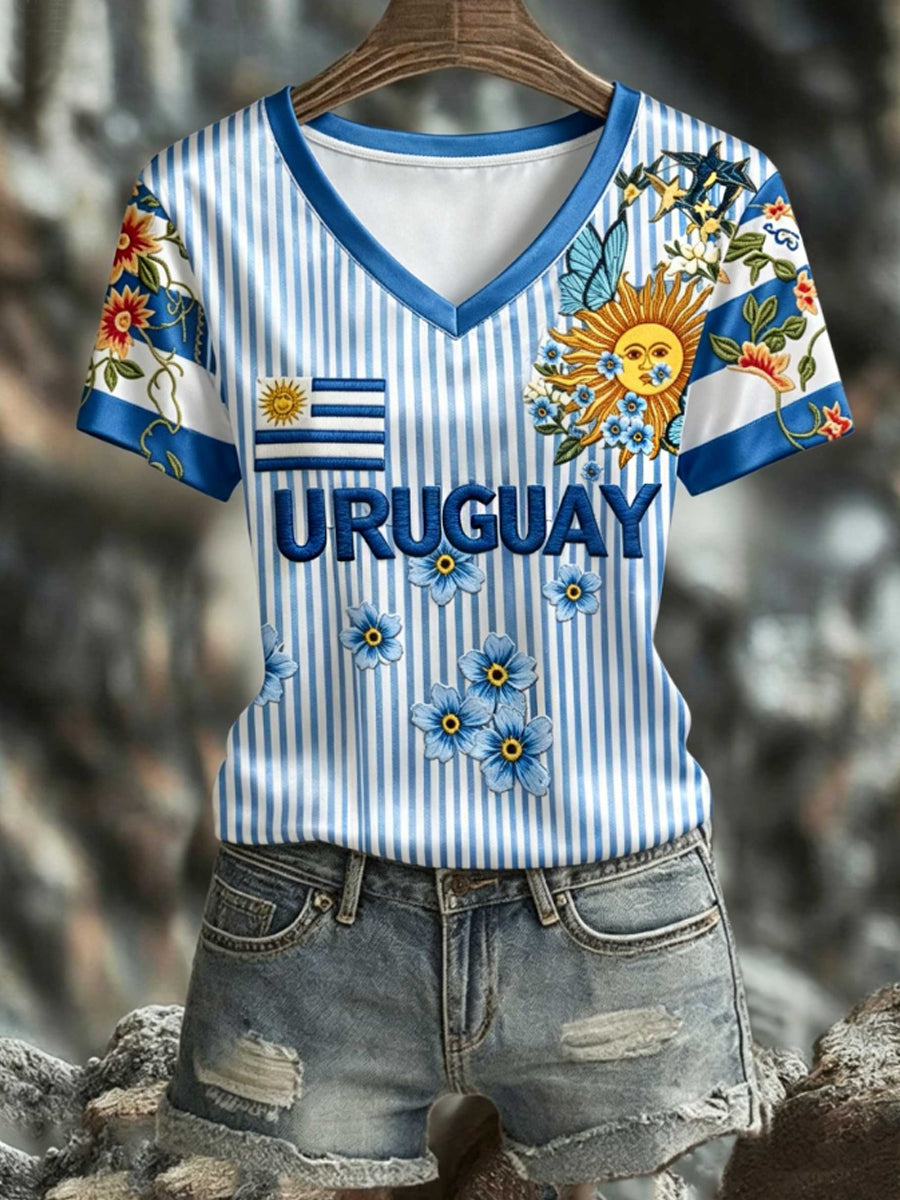 Women's URUGUAY 2026 Football V-Neck Short-Sleeve Silk T-Shirt