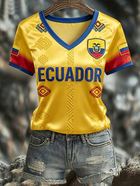 Women's ECUADOR 2026 Football V-Neck Short-Sleeve Silk T-Shirt