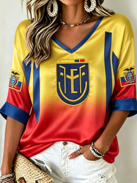 Women's Mid-length Sleeves V-Neck T-Shirt
