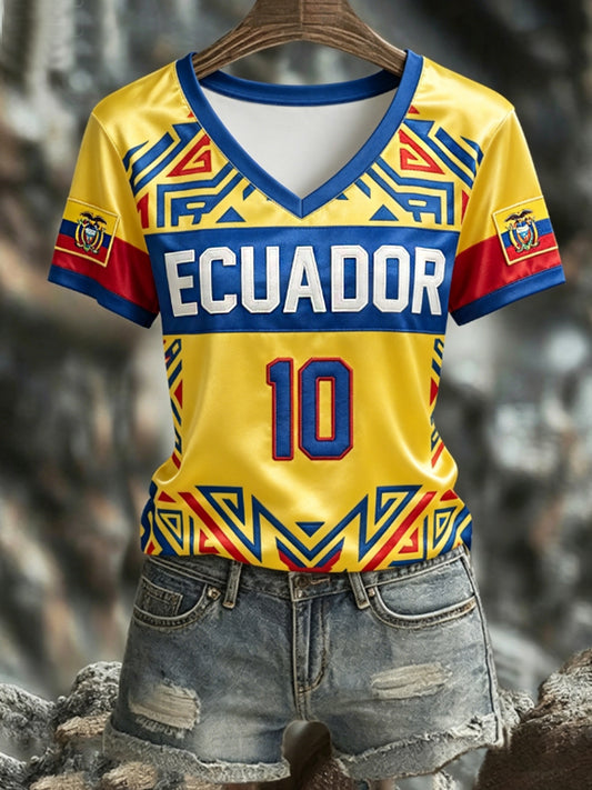 Women's ECUADOR 2026 Football V-Neck Short-Sleeve Silk T-Shirt