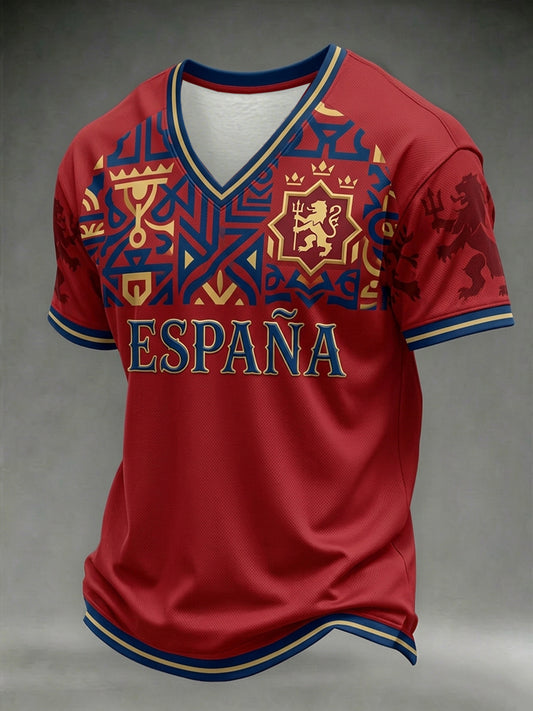 Men's Spain Football Lover Print V-neck T-shirt