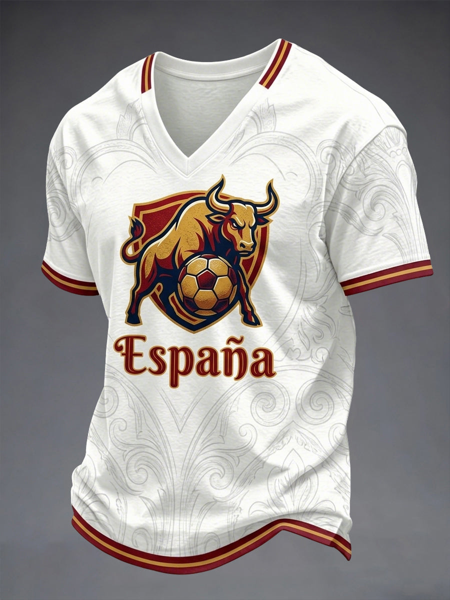Men's Spain Football Lover Print V-neck T-shirt
