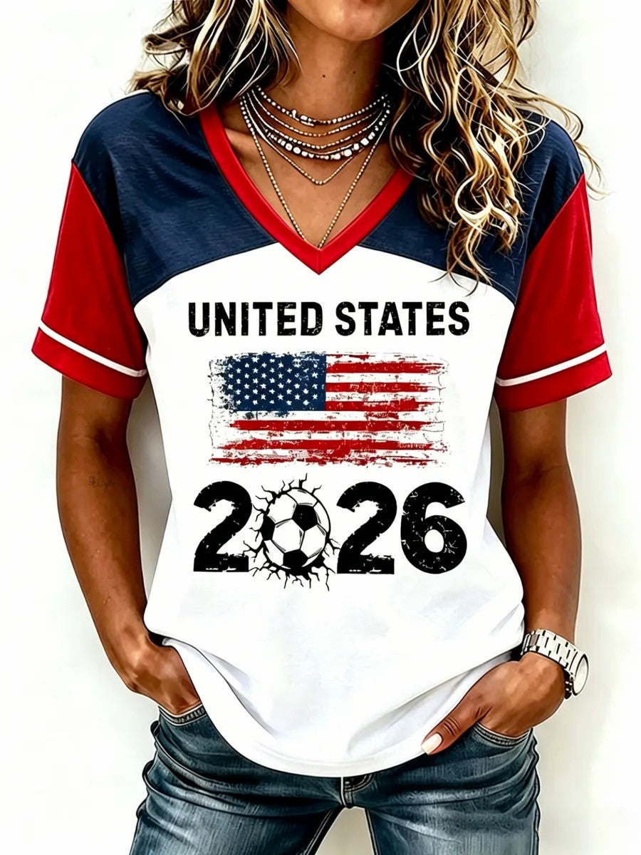 Women's USA Football Printed V-neck T-shirt