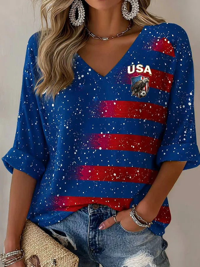 Women's USA Football Printed V-Neck T-Shirt