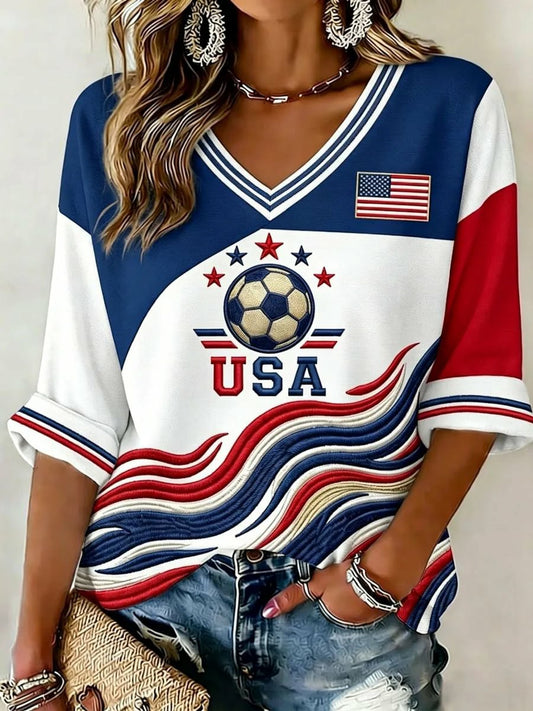 Women's USA Football Printed V-Neck T-Shirt