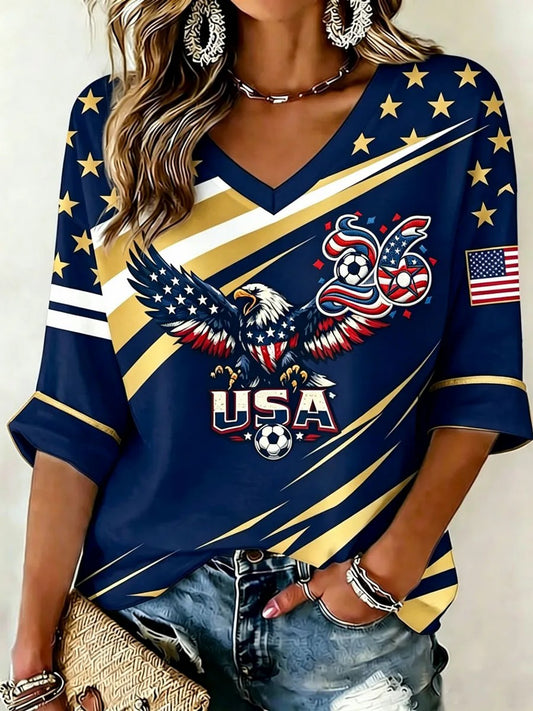 Women's USA Football Printed V-Neck T-Shirt