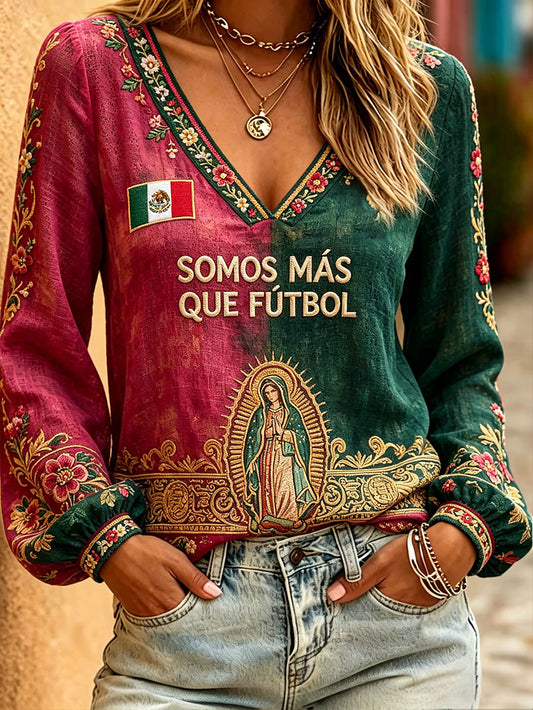 Women's Mexico Football Lover Art Printed Linen Tops
