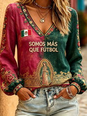 Women's Mexico Football Lover Art Printed Linen Tops