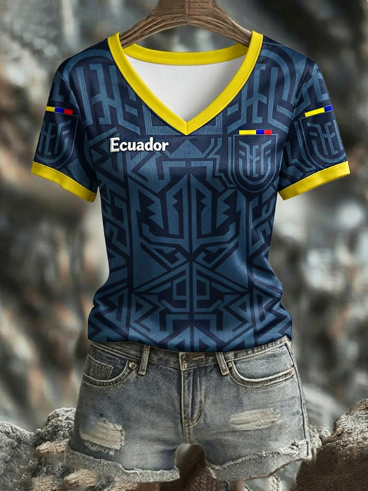 Women's ECUADOR 2026 Football V-Neck Short-Sleeve Silk T-Shirt