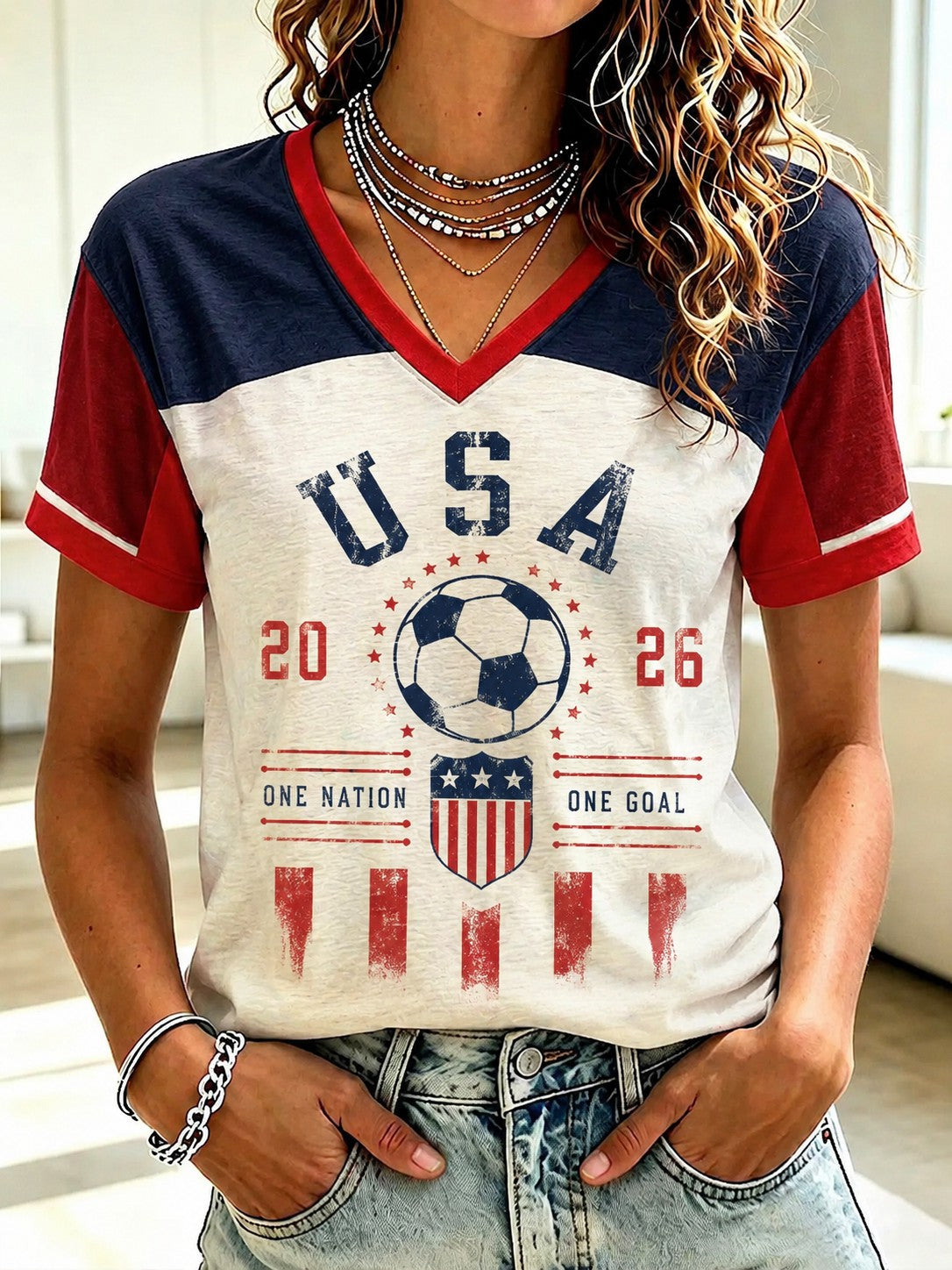 Women's USA Football Printed V-Neck T-Shirt