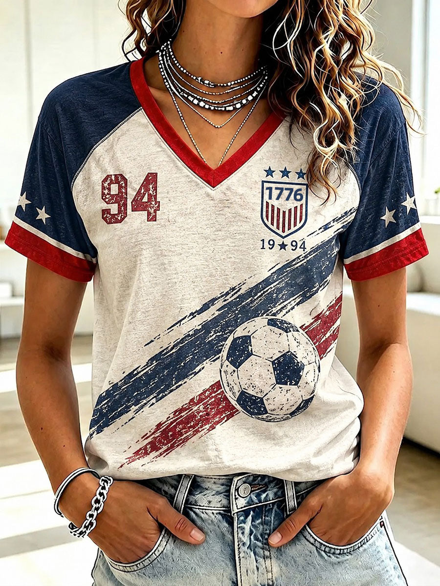 Women's USA Football Printed V-Neck T-Shirt