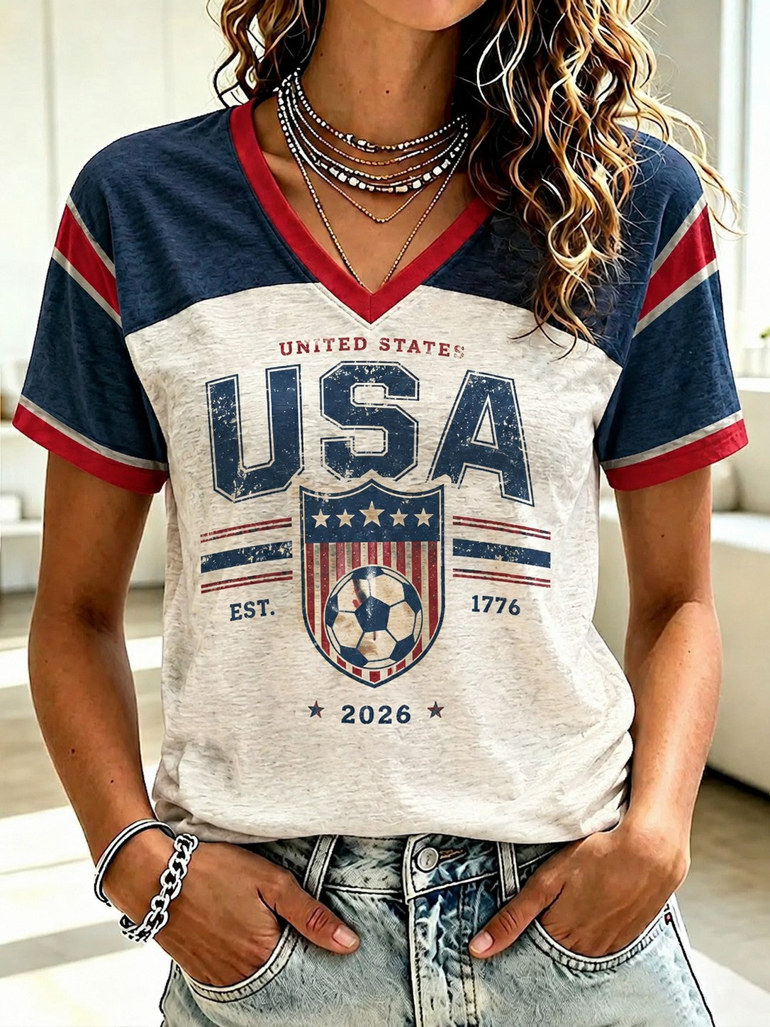 Women's USA Football Printed V-Neck T-Shirt