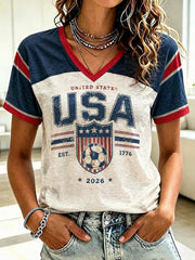 Women's USA Football Printed V-Neck T-Shirt