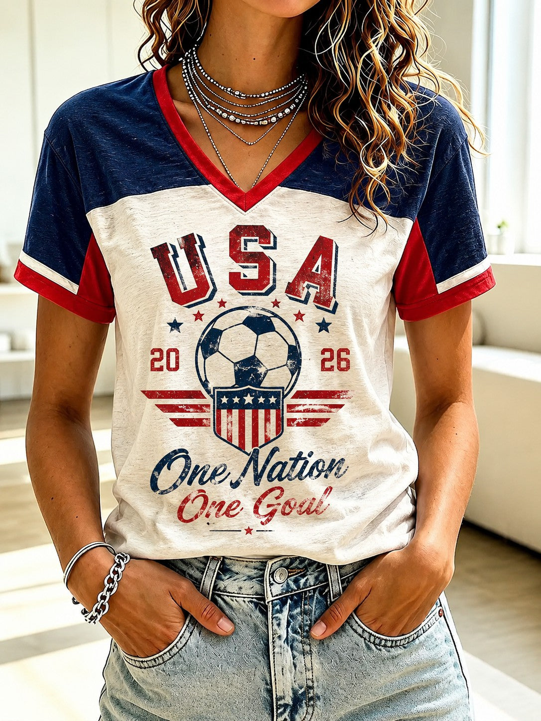 Women's USA Football Printed V-neck T-Shirt