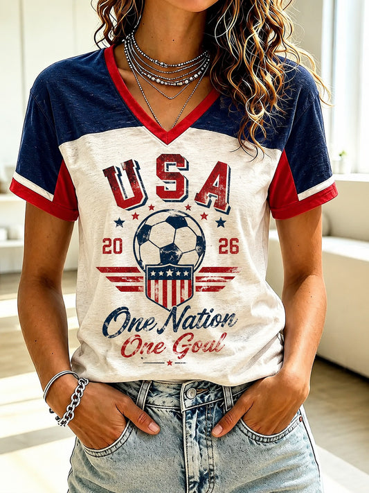 Women's USA Football Printed V-neck T-Shirt