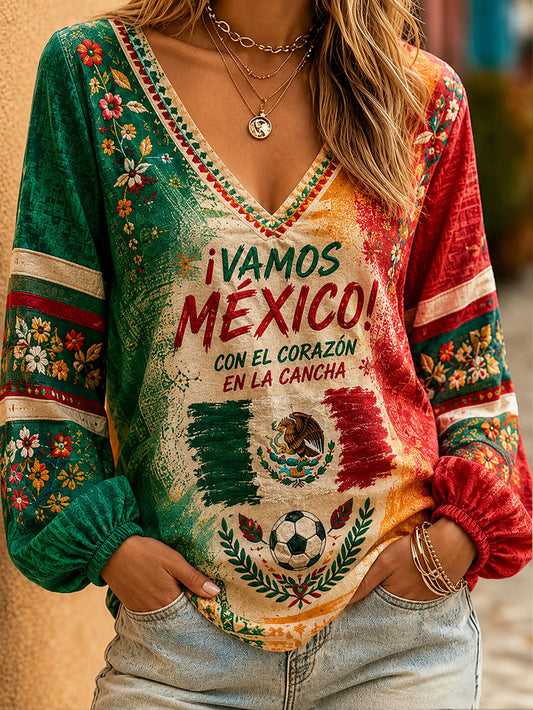 Women's Mexico Football Lover Floral Art Printed Linen T-shirt