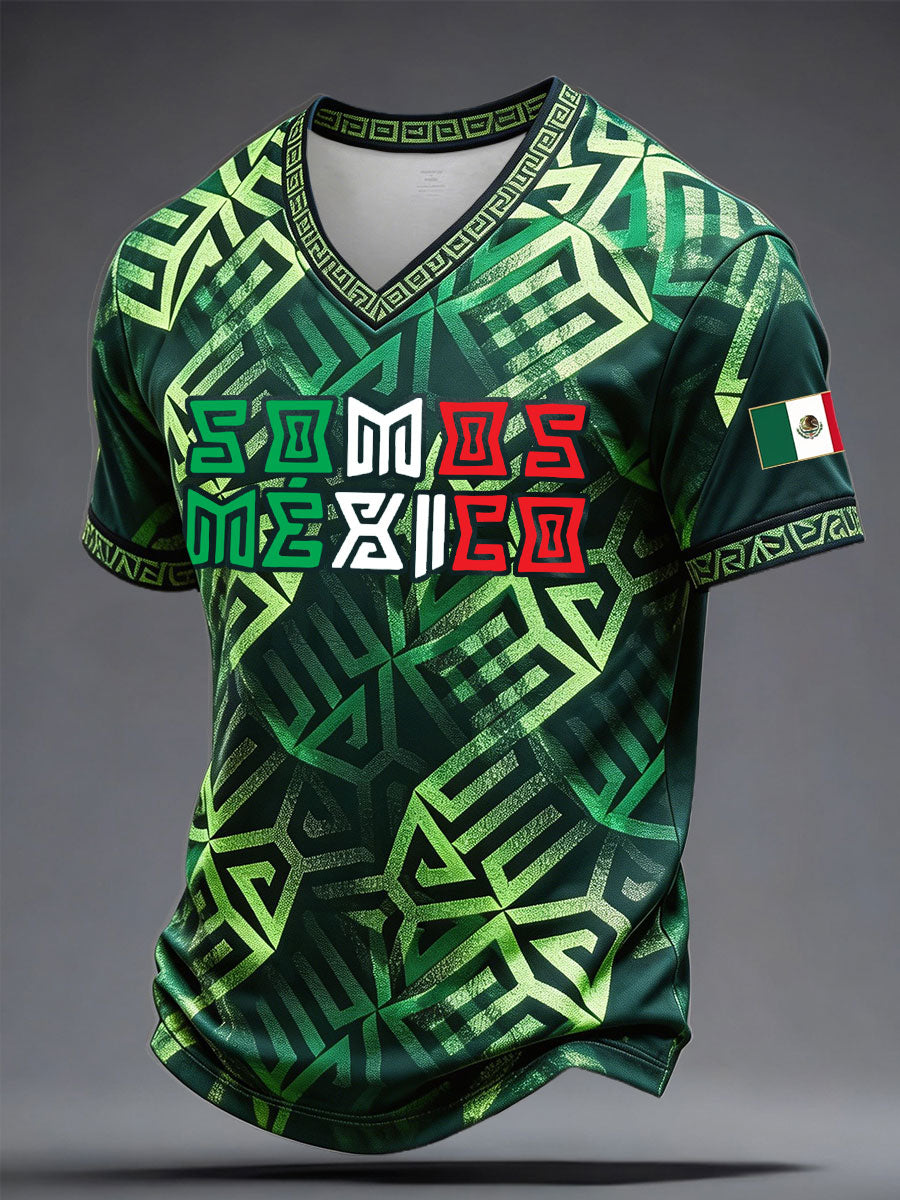 Men's Mexico Football Lover Floral Art Printed V-neck T-shirt