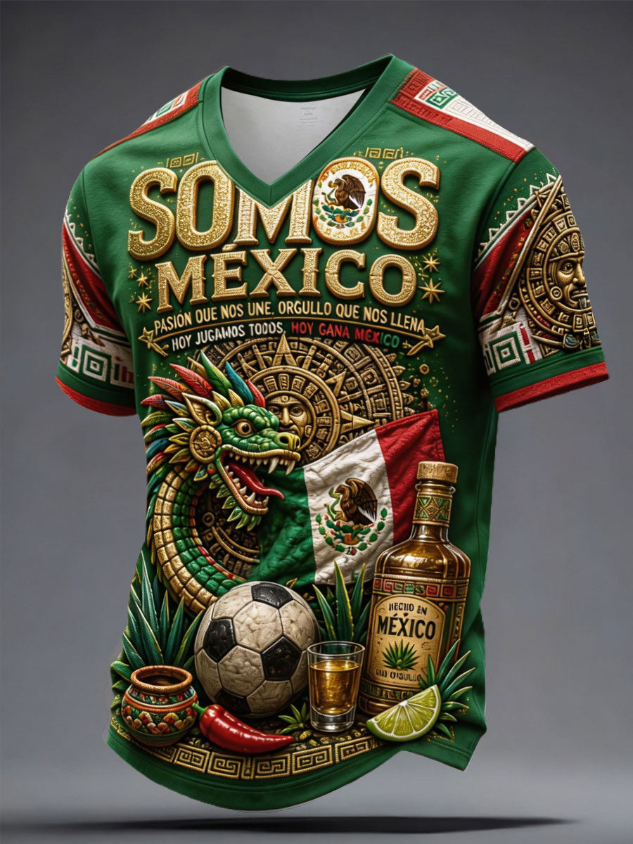 Men's Mexico Football Lover Floral Art Printed V-neck T-shirt