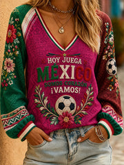 Women's Mexico Football Lover Floral Art Printed Linen T-shirt